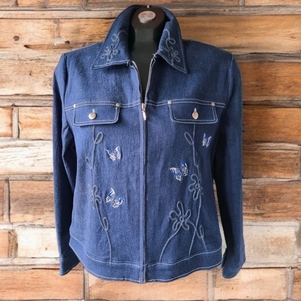Zoe Vintage Embroidered Butterfly Dark Blue Denim Jean Jacket Size 10